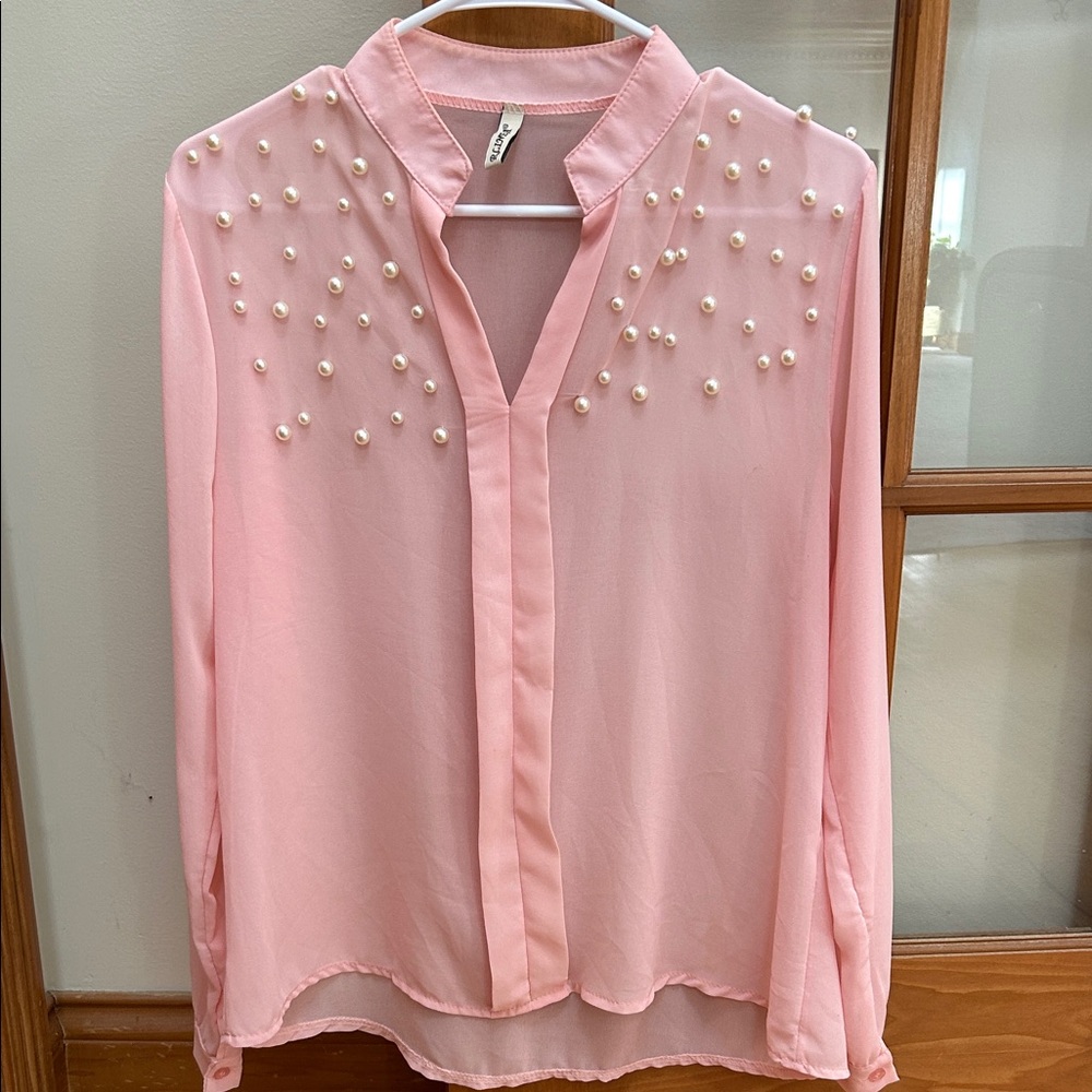 Elegant Pink Pearl-Embellished Sheer Women's Top